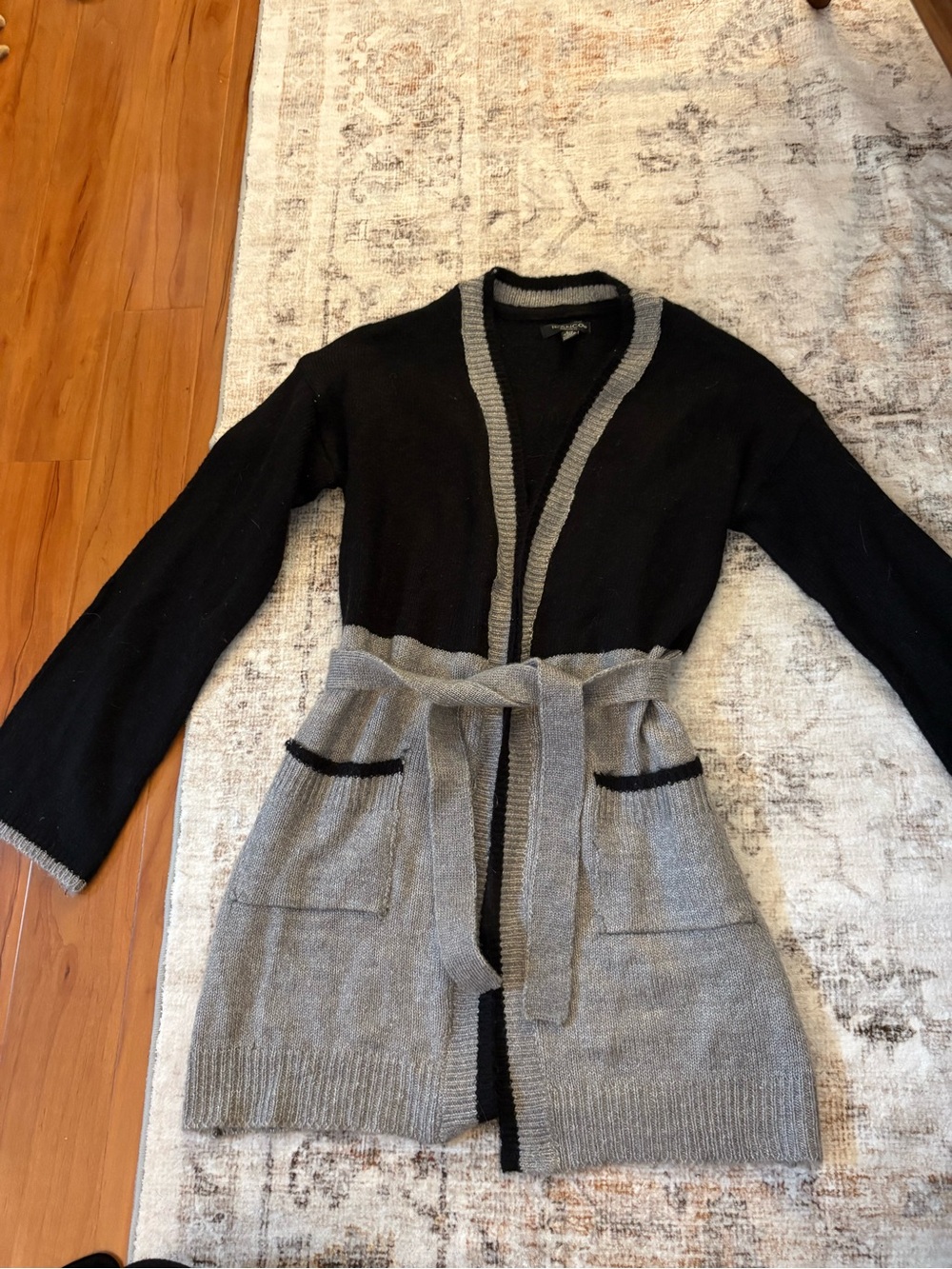 Black and Gray Open-Front Belted Knit Cardigan Sweater